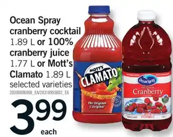 Fortinos OCEAN SPRAY CRANBERRY COCKTAIL, 1.89 L OR 100% CRANBERRY JUICE, 1.77 L OR MOTT'S CLAMATO, 1.89 L offer