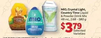 Fortinos MIO, CRYSTAL LIGHT, COUNTRY TIME LIQUID & POWDER DRINK MIX, 48 ML, 2.68-580 G offer