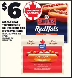 Loblaws MAPLE LEAF TOP DOGS OR SCHNEIDERS RED HOTS WIENERS, 375 G offer