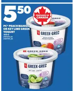 Loblaws PC PEACH MANGO OR KEY LIME GREEK YOGURT 650G offer