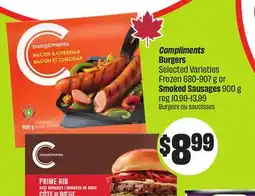 FreshCo Compliments Burgers Selected Varieties Frozen 680-907 g or Smoked Sausages 900 g offer