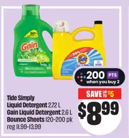 FreshCo Tide Simply Liquid Detergent 2.72 L Gain Liquid Detergent 2.6 L Bounce Sheets 120-200 pk offer