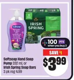 FreshCo Softsoap Hand Soap Pump 332 mL or Irish Spring Soap Bars 3 pk offer