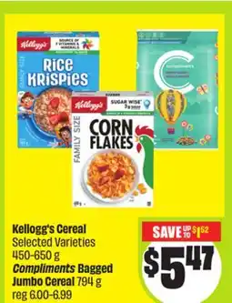 FreshCo Kellogg's Cereal Selected Varieties 450-650 g Compliments Bagged Jumbo Cereal 794 g offer
