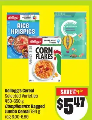 FreshCo Kellogg's Cereal Selected Varieties 450-650 g Compliments Bagged Jumbo Cereal 794 g offer