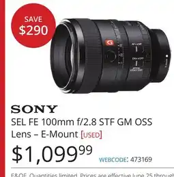 Vistek Sony SEL FE 100mm f/2.8 STF GM OSS Lens – E-Mount offer