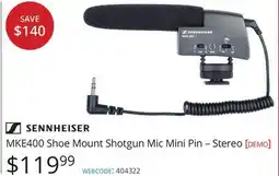 Vistek SENNHEISER MKE400 Shoe Mount Shotgun Mic Mini Pin – Stereo offer