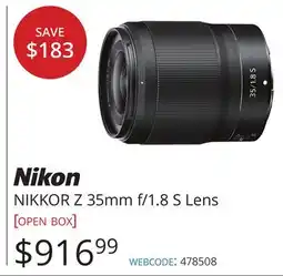 Vistek Nikon NIKKOR Z 35mm f/1.8 S Lens offer