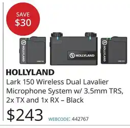 Vistek Hollyland Lark 150 Wireless Dual Lavalier Microphone System w/ 3.5mm TRS, 2x TX and 1x RX – Black offer