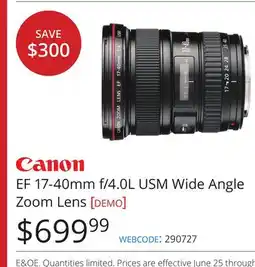 Vistek EF 17-40mm f/4.0L USM Wide Angle Zoom Lens offer