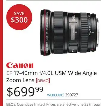 Vistek EF 17-40mm f/4.0L USM Wide Angle Zoom Lens offer