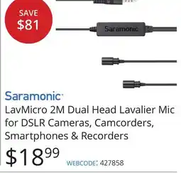 Vistek Saramonic LavMicro 2M Dual Head Lavalier Mic for DSLR Cameras Camcorders Smartphones Recorders offer