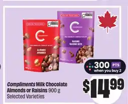 Chalo FreshCo Compliments Milk Chocolate Almonds or Raisins 900 g Selected Varieties offer