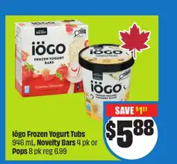 Chalo FreshCo Iögo Frozen Yogurt Tubs 946 mL, Novelty Bars 4 pk or Pops 8 pk offer