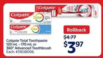 Walmart Colgate Total Toothpaste or 360° Advanced Toothbrush offer