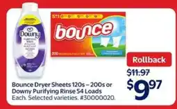 Walmart Bounce Dryer Sheets 120s – 200s or Downy Purifying Rinse 54 Loads offer