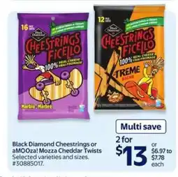 Walmart Black Diamond Cheestrings or aMOOza! Mozza Cheddar Twists offer