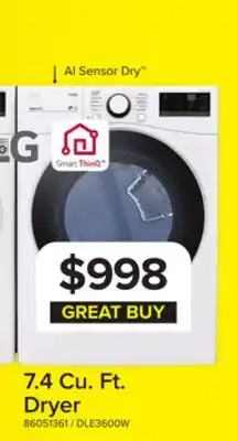 Leon's LG White Smart Wi-Fi Enabled Front Load Electric Dryer with Built-In AI (7.4 Cu. Ft.) - DLE3600W offer