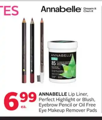 Rexall ANNABELLE Lip Liner, Perfect Highlight or Blush, Eyebrow Pencil or Oil Free Eye Makeup Remover Pads offer