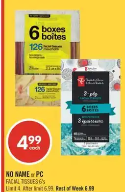 Shoppers Drug Mart NO NAME or PC FACIAL TISSUES 6's offer