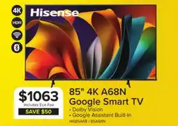 Leon's Hisense 85 4K Smart Google AI Upscaler LED TV - 85A68N offer