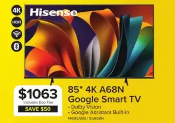 Leon's Hisense 85 4K Smart Google AI Upscaler LED TV - 85A68N offer