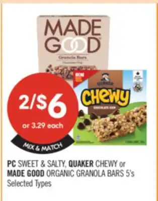 Shoppers Drug Mart PC SWEET & SALTY, QUAKER CHEWY or MADE GOOD ORGANIC GRANOLA BARS offer