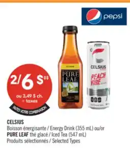Pharmaprix CELSIUS Energy Drink (355 mL) or PURE LEAF Iced Tea (547 mL) offer