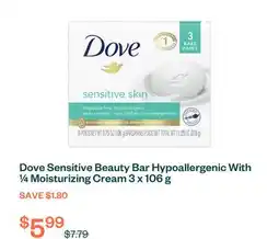 Voilà Dove Sensitive Beauty Bar Hypoallergenic With ¼ Moisturizing Cream 3 x 106 g offer