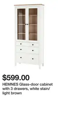 IKEA HEMNES Glass-door cabinet with 3 drawers, white stain/light brown offer