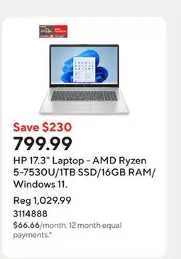 Staples HP 17.3 Laptop - AMD Ryzen 5-7530U/1TB SSD/16GB RAM/Windows 11 offer