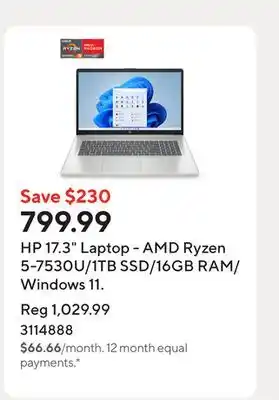Staples HP 17.3 Laptop - AMD Ryzen 5-7530U/1TB SSD/16GB RAM/Windows 11 offer