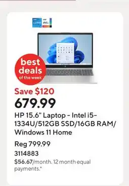 Staples HP 15.6 Laptop - Intel i5-1334U/512GB SSD/16GB RAM/Windows 11 Home offer