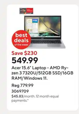 Staples Acer 15.6 Laptop - AMD Ryzen 3 7320U/512GB SSD/16GB RAM/Windows 11 offer