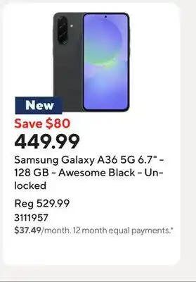Staples Samsung Galaxy A36 5G 6.7 - 128 GB - Awesome Black - Unlocked offer