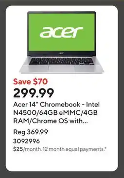 Staples Acer 14 Chromebook - Intel N4500/64GB eMMC/4GB RAM/Chrome OS with 3 months of Gemini Advanced offer
