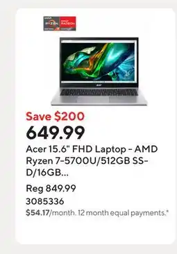 Staples Acer 15.6 FHD Laptop - AMD Ryzen 7-5700U/512GB SSD/16GB RAM/Windows 11 offer