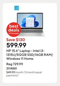 Staples HP 15.6 Laptop - Intel i3-1315U/512GB SSD/16GB RAM/Windows 11 Home offer