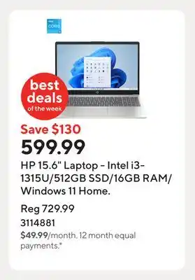 Staples HP 15.6 Laptop - Intel i3-1315U/512GB SSD/16GB RAM/Windows 11 Home offer