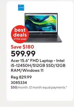 Staples Acer 15.6 FHD Laptop - Intel i5-12450H/512GB SSD/12GB RAM/Windows 11 offer