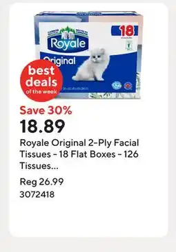 Staples Royale Original 2-Ply Facial Tissues - 18 Flat Boxes - 126 Tissues per Box offer