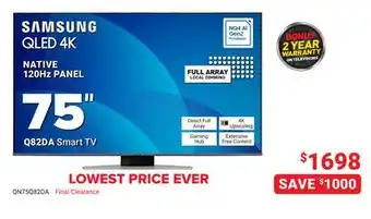 Visions Electronics SAMSUNG NATIVE 120Hz PANEL Q82DA Smart TV 75 offer