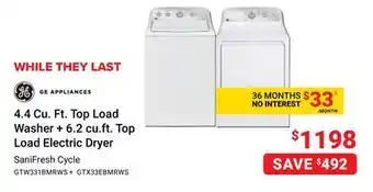 Visions Electronics 4.4 Cu. Ft. Top Load Washer + 6.2 cu.ft. Top Load Electric Dryer offer