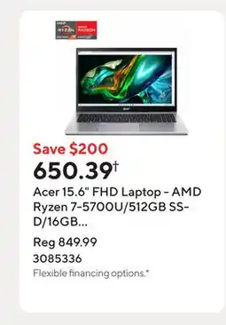Staples Acer 15.6 FHD Laptop - AMD Ryzen 7-5700U/512GB SSD/16GB RAM/Windows 11 offer