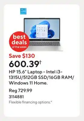 Staples HP 15.6 Laptop - Intel i3-1315U/512GB SSD/16GB RAM/Windows 11 Home offer