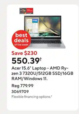Staples Acer 15.6 Laptop - AMD Ryzen 3 7320U/512GB SSD/16GB RAM/Windows 11 offer