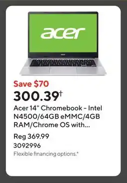 Staples Acer 14 Chromebook - Intel N4500/64GB eMMC/4GB RAM/Chrome OS with 3 months of Gemini Advanced offer