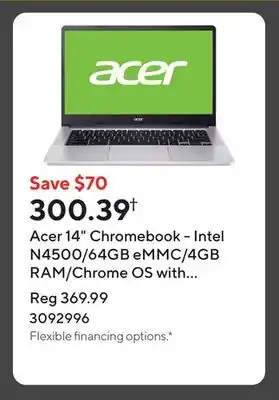 Staples Acer 14 Chromebook - Intel N4500/64GB eMMC/4GB RAM/Chrome OS with 3 months of Gemini Advanced offer