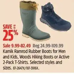 Canadian Tire Kamik ramrod rubber boots for men and kids, woods hiking boots or active 2 pack t-shirts offer