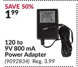 Princess Auto 120 to 9V 800 mA Power Adapter offer